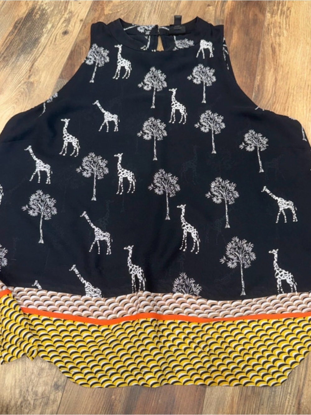 Worthington Black & White Giraffe Print Sleeveless Blouse with Yellow Trim